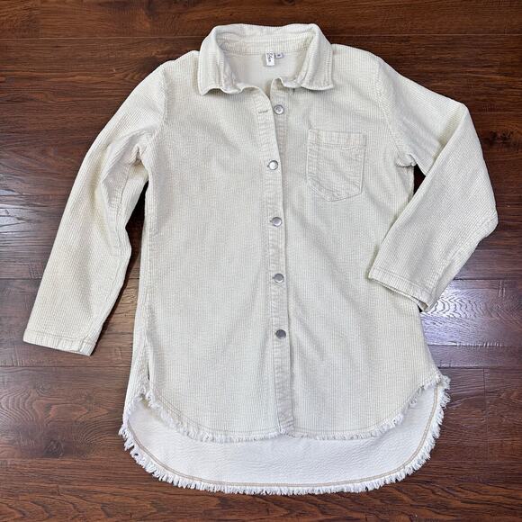 Elan Off White Corduroy Shirt Jacket Womens M Button Up Raw Edge Hem Long Sleeve - Picture 2 of 12